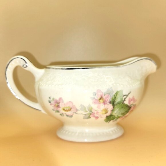Vintage Edwin Knolls Cremelace Porcelain Creamer Pink Flowers Silver Trim sm2010 - Picture 3 of 7